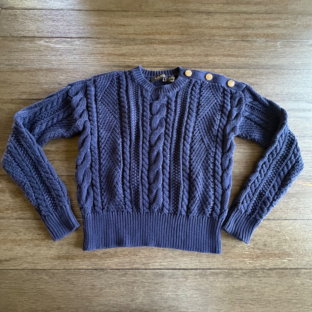 Lauren‎ Ralph Lauren Navy Blue Aran-Knit Cotton Cable Sweater Gold Buttons SP